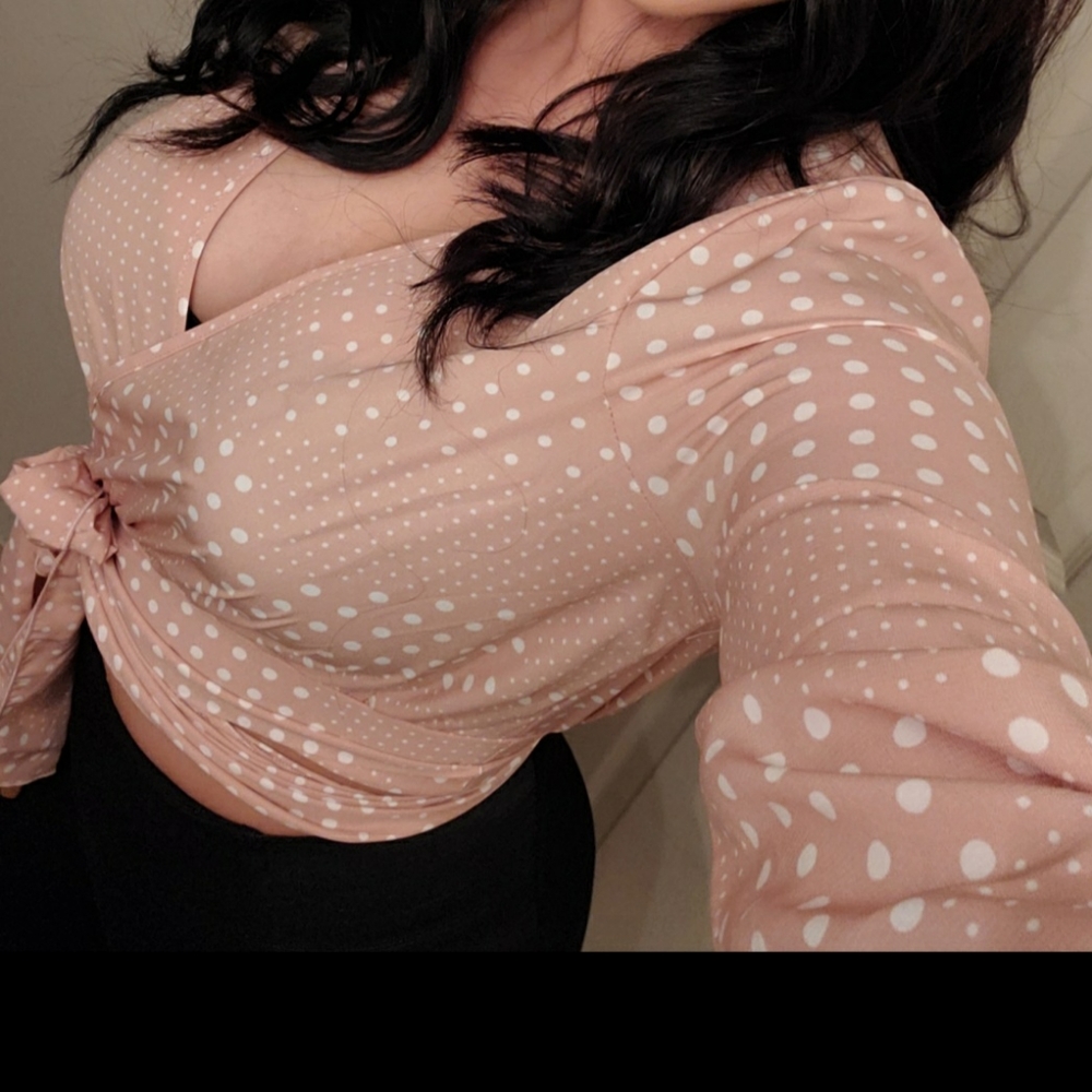 Pink and white Polka Dot Crop Crossover blouse